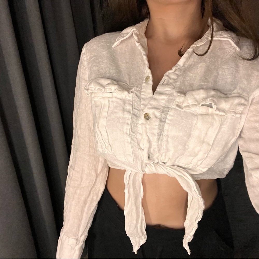 ZARA WHITE TIE FRONT KNOTTED CROPPED BLOUSE